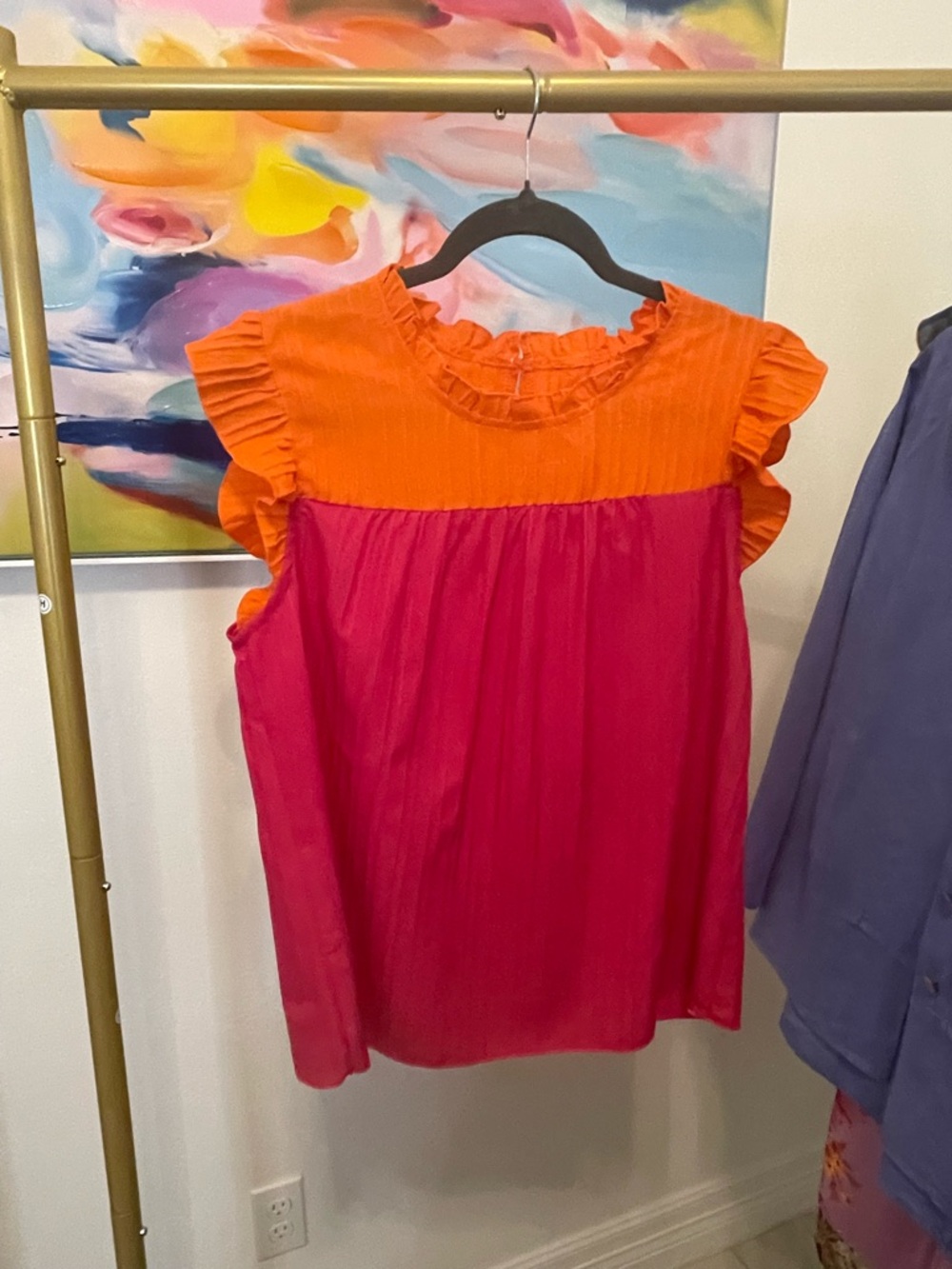Colorblock Ruffle Sleeve Blouse - Orange & Pink Large